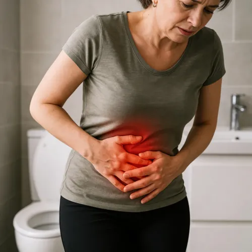 Woman experiencing stomach pain from iron supplements