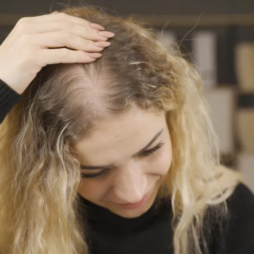 Woman examining thinning hair